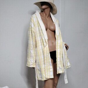 Vintage Tolga Designs Beach house Bath Rob Size L Yellow White Plaid Pockets